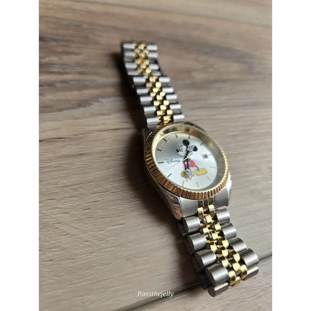 Vintage Disney Mickey Mouse Watch Mens Two Tone Gold Stainless Steel Quartz Date
